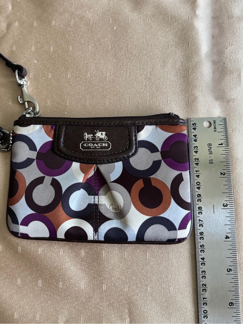 Coach Wristlet Wallet Madison Signature Op Art Sateen Print Brown Leather - Picture 6 of 6